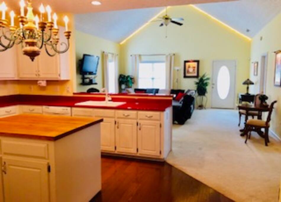 Open floor plan with high cathedral ceilings