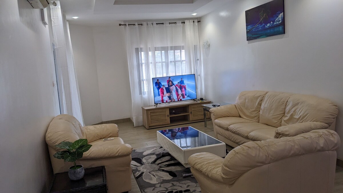 A cozy living area features two light-colored leather armchairs and a matching sofa surrounding a sleek coffee table. Natural light enters through a large window dressed with sheer curtains, and a flat-screen television is positioned on a wooden console against the wall.