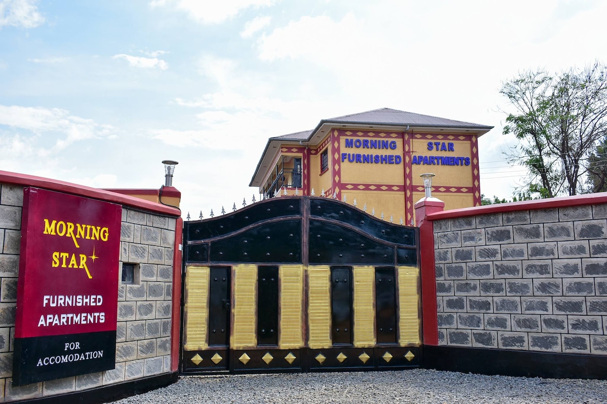 The entrance displays a decorative black and yellow gate, framed by a stone wall. A vibrant sign indicates 'Morning Star Furnished Apartments' in bold letters. The multi-story building features a colorful facade, set against a clear sky, welcoming guests to the property.