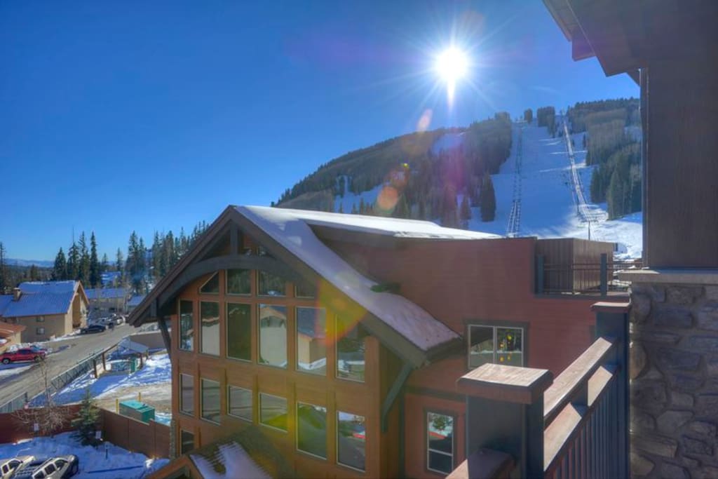 Durango Colorado vacation rental condo in Purgatory Lodge view of lodge and ski slopes from balcony