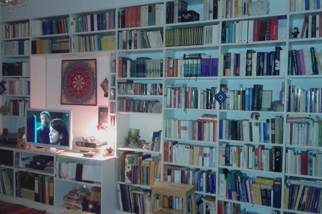 Mein ganzer Stolz: meine Buecherwand ,
Smart-Tv, kleine CD-Anlage