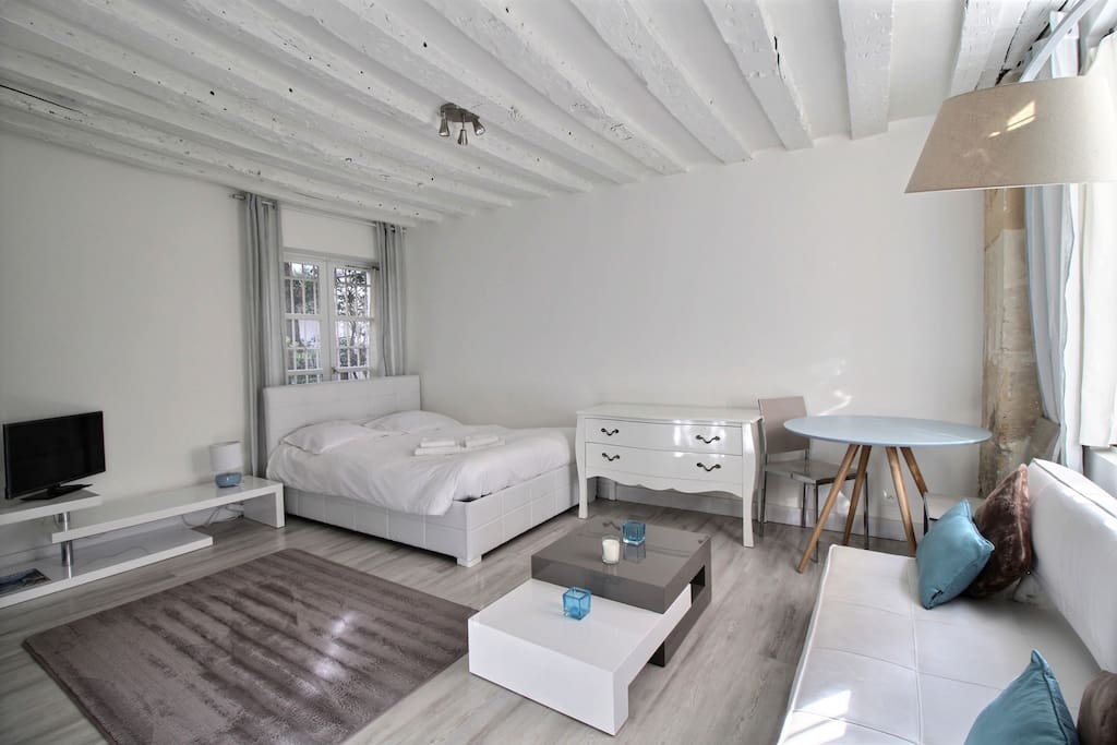 Living room with large double bed, sofa and TV