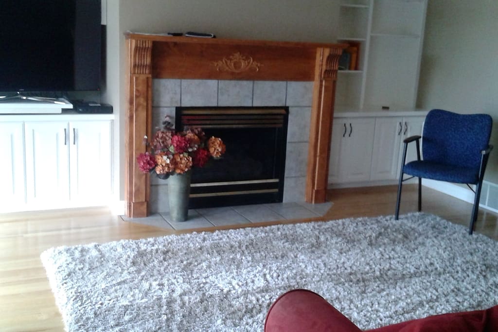 living room with fireplace and large screen TV with DIRECTTV