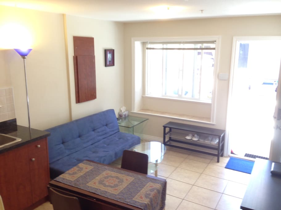 Lots of sunlight shines into the living room. Living room (sofa is a sofabed but we don't encourage more than 5 guests unless there are special circumstances)