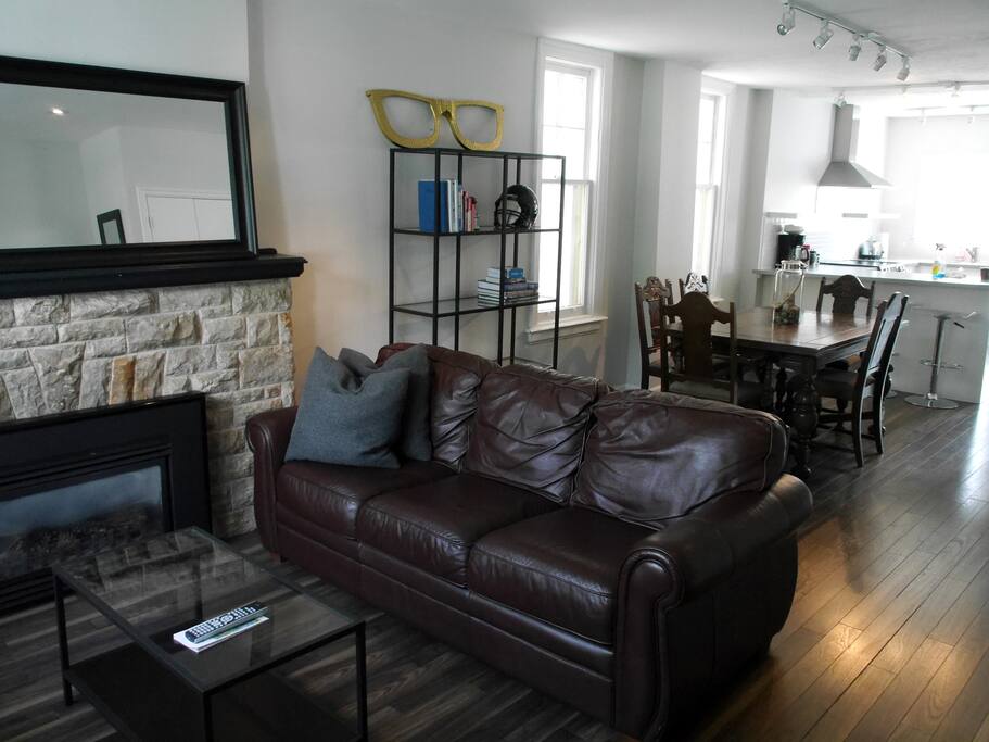 Large open concept with hardwood floors throughout