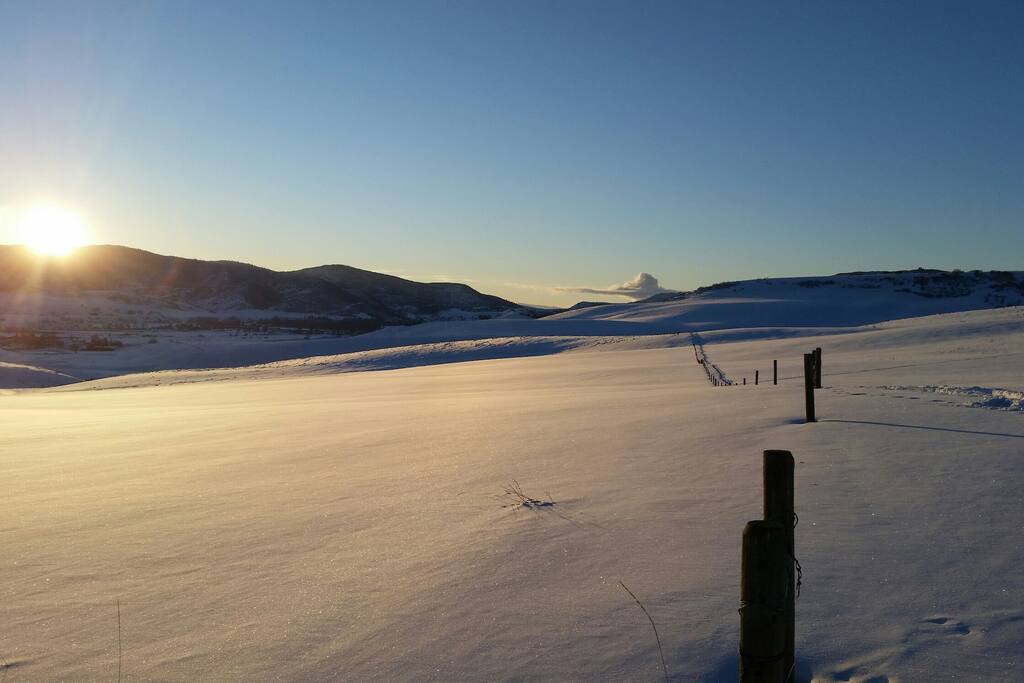 Snowshoe trail at sunset.
