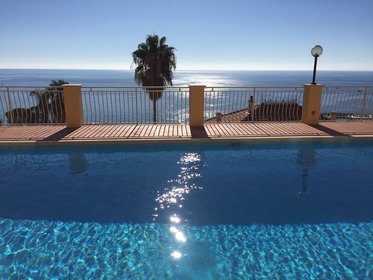 An outdoor swimming pool is presented, featuring clear blue water that reflects sunlight. A railing encloses the pool, and a view of the sea is visible in the background, complemented by palm trees lining the horizon.