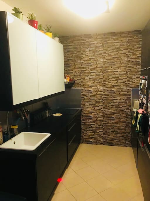 Fully equipped kitchen with microwave, oven, electric stove, kettle, toaster, etc.