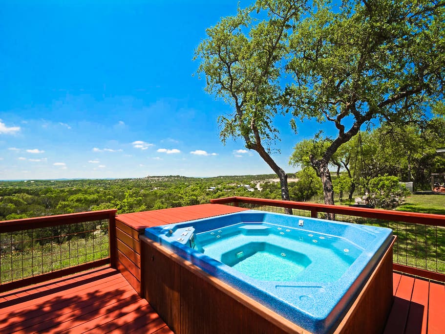 End your day with your favorite cold drink and some country-style stargazing while relaxing in the hot tub with views of the Texas Hill Country, only minutes from Austin, Texas.