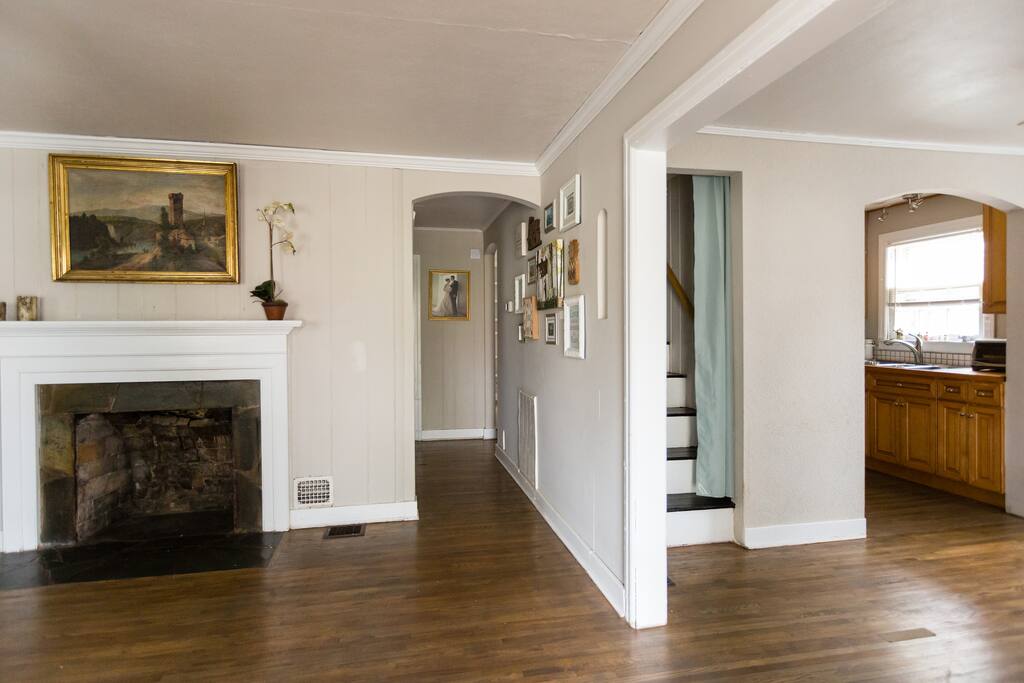 Welcome to our home. Enter the front door and the stairs to your loft are just to the right. Past the stairs is the kitchen which leads to the dining room and back porch.