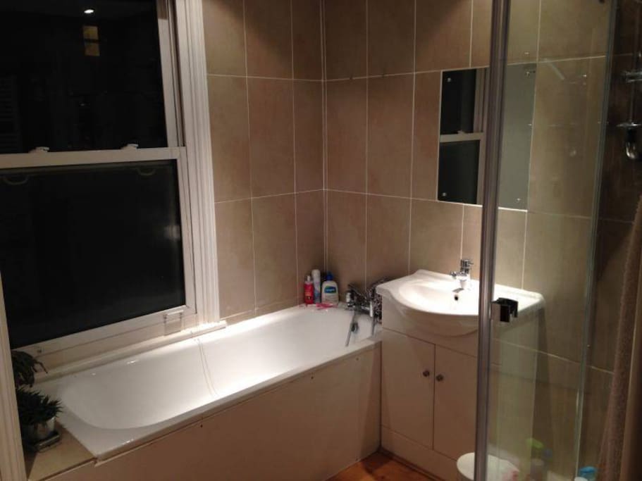 Bath, shower, cupboard space and a washer/dryer