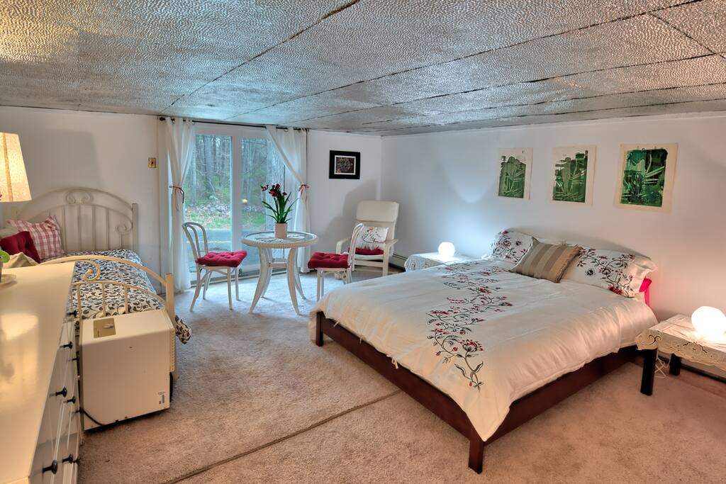 this is this listing's large bedroom 18x14 with queen bed and twin sofa/bed - big closet, big dresser, table and chairs