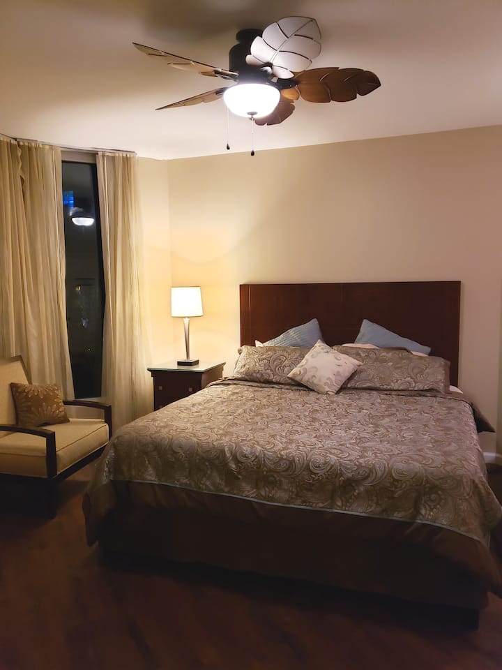 Master bedroom. King gel memory foam bed