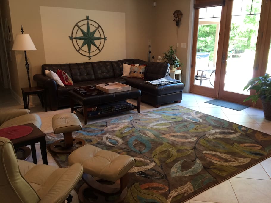 Great room with gas fireplace, seating, lots of space
