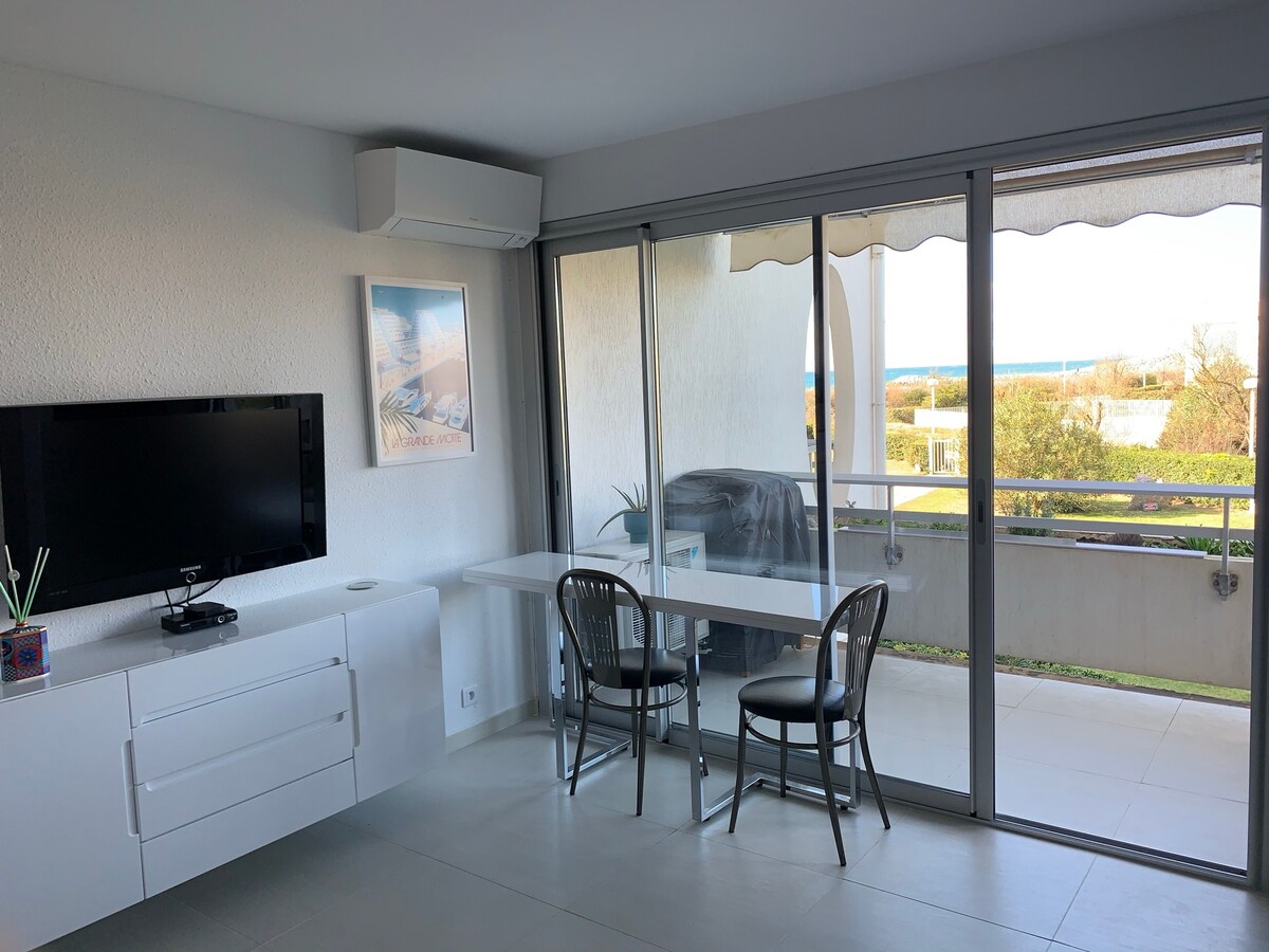 Popular Airbnb listing: Sea view – Air conditioning – Terrace – Beach access – Parking in La Grande Motte