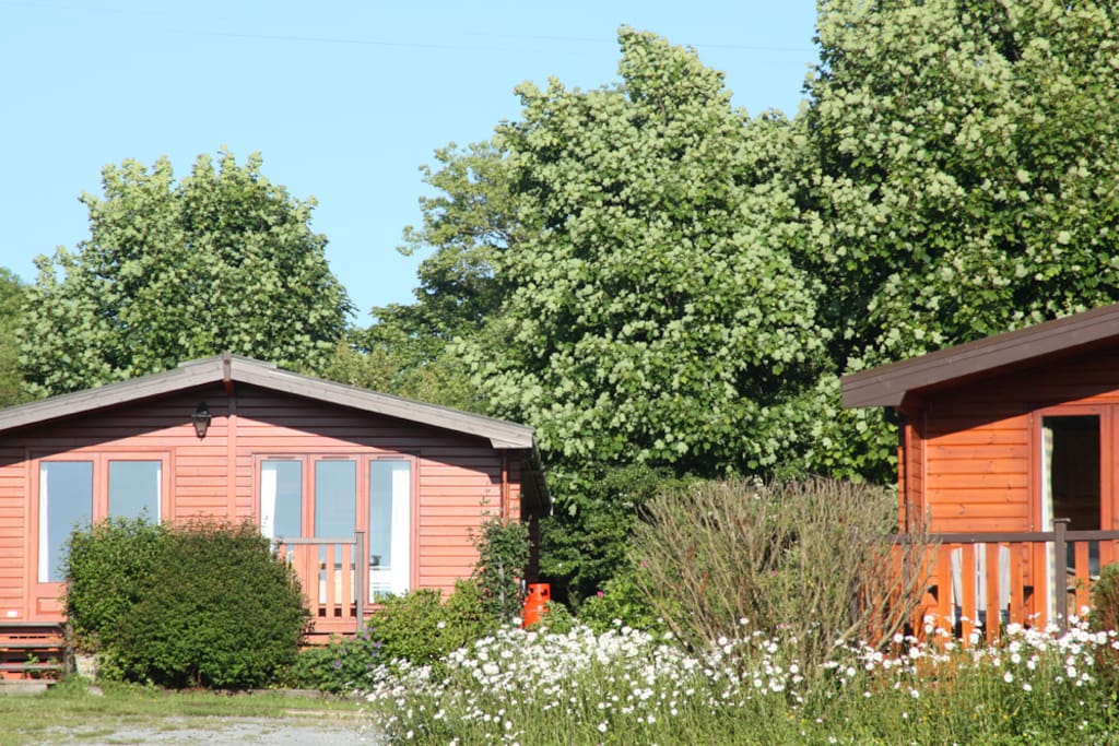 The cabins are set in mature grounds with trees & fields surrounding them.