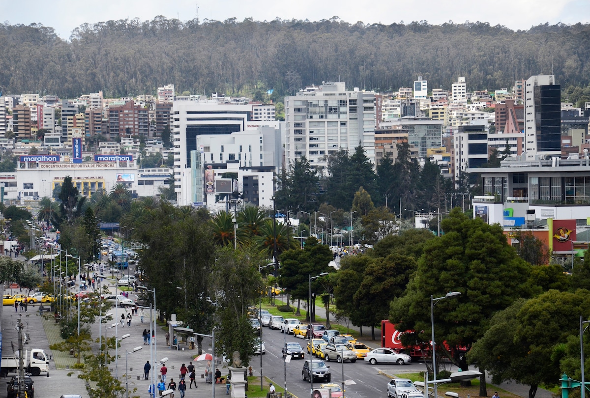 A view of a bustling urban area features a mix of modern buildings and greenery. Multiple lanes of traffic are visible, along with various vehicles parked along the roadside. The backdrop includes a hillside, offering a contrast to the cityscape.