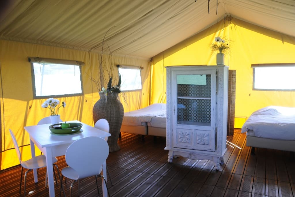 Inside of a safari tent