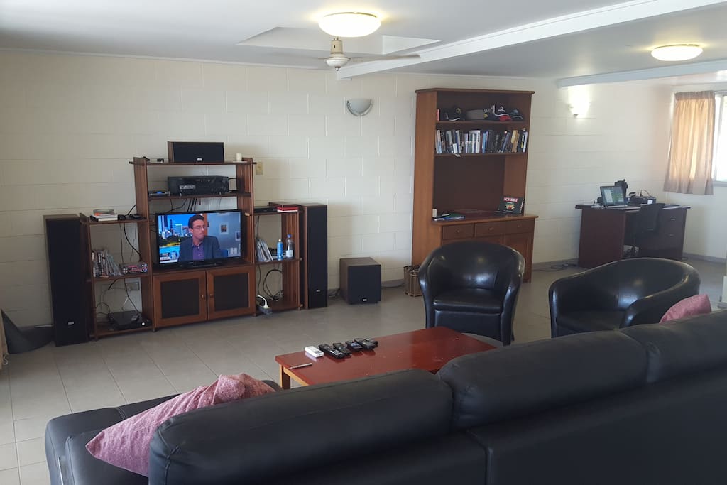 Free Wi-Fi, Cable TV, Blu-Ray/DVD, Lots of Movies, Music, Kick-ass Surround Sound, Desk, Books and Games