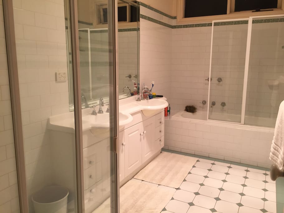 Bathroom with two showers, one over bath