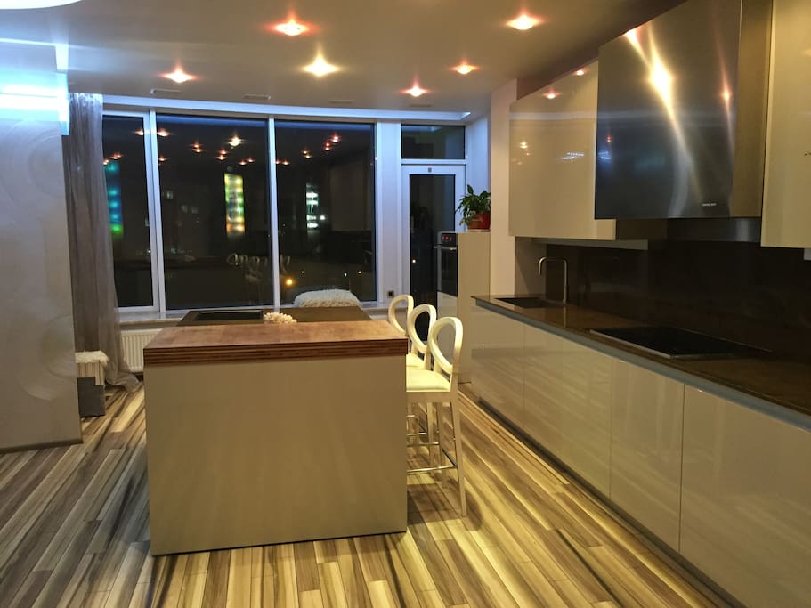 Kitchen + living room + balcony