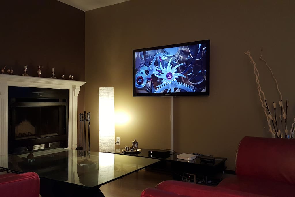 Living room with wood firepalce