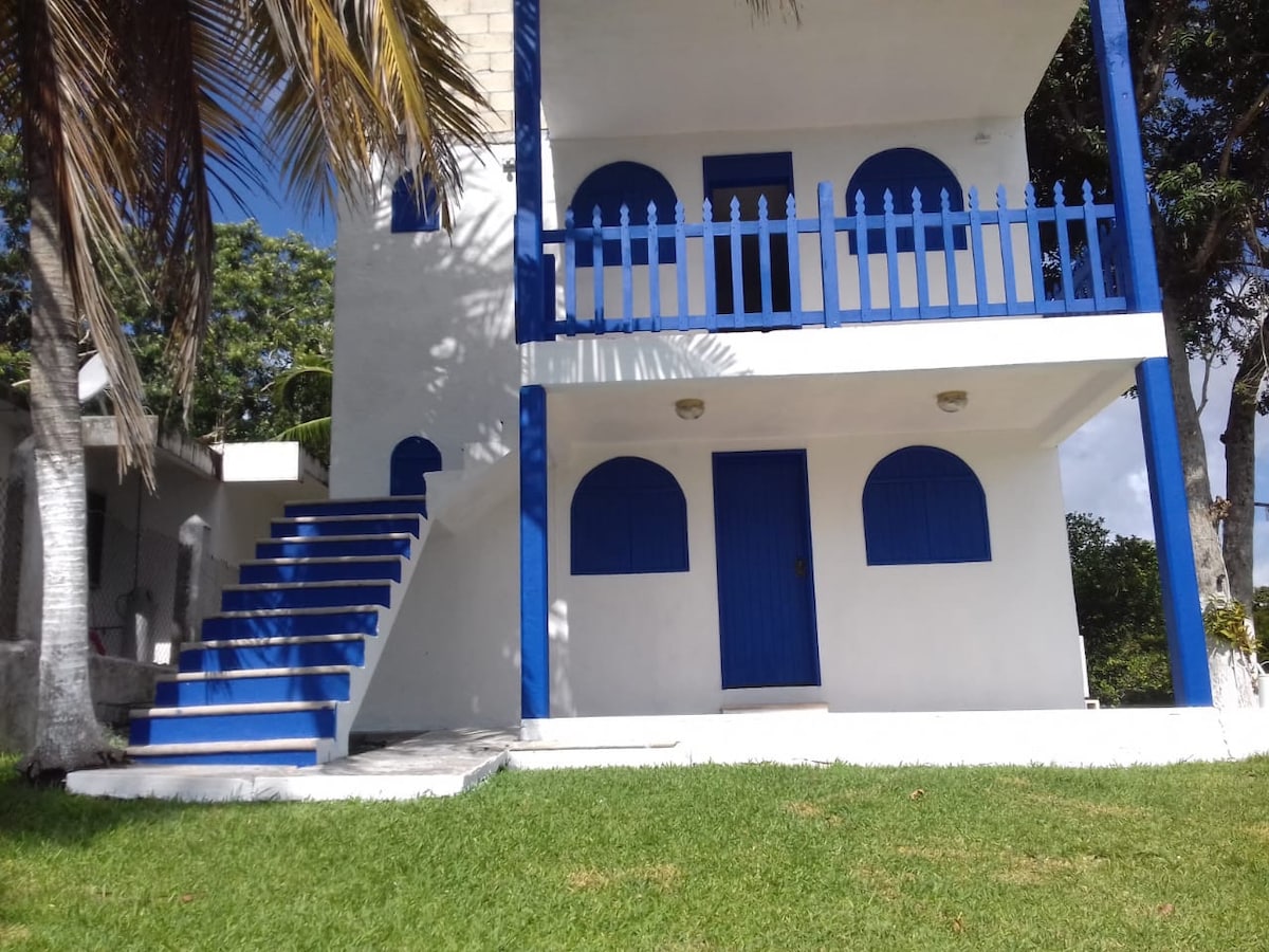 A multi-story building features a bright white exterior with blue accents, including doors and railings. The structure is complemented by a lush green lawn and palm trees, offering a welcoming outdoor area. Stairs lead to a second floor, enhancing the accessibility of the space.