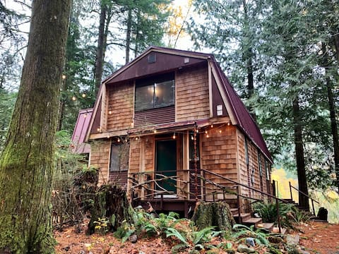 A cozy riverside cabin in the mountains