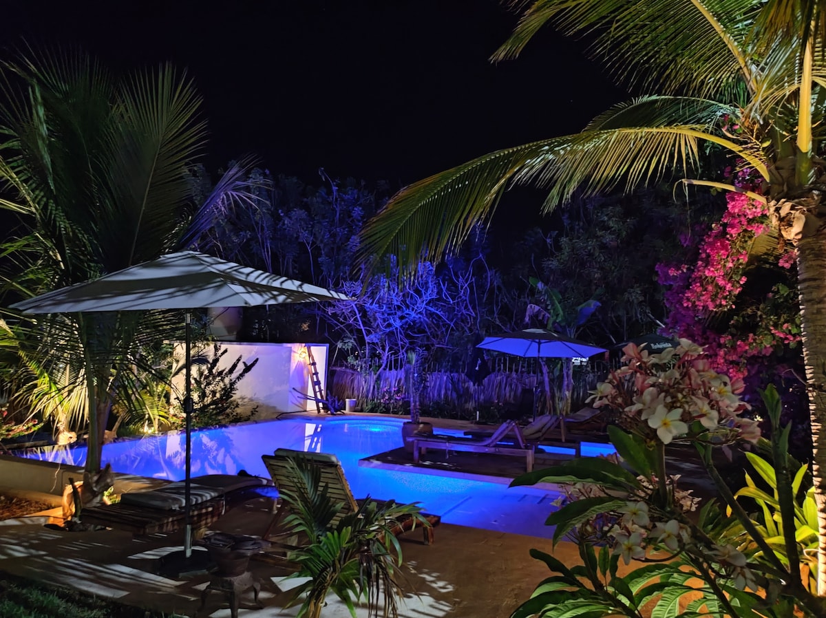 A tranquil swimming pool is set amidst lush greenery, illuminated in soft blue light. Palm trees and tropical plants surround the area, while lounge chairs are positioned nearby. Umbrellas provide shade, enhancing the inviting ambiance of the outdoor space.