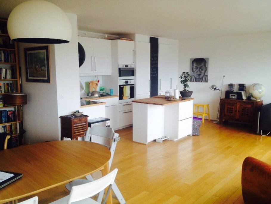 Open kitchen in the living room complete with built in cooker, oven, microwave and dishwasher