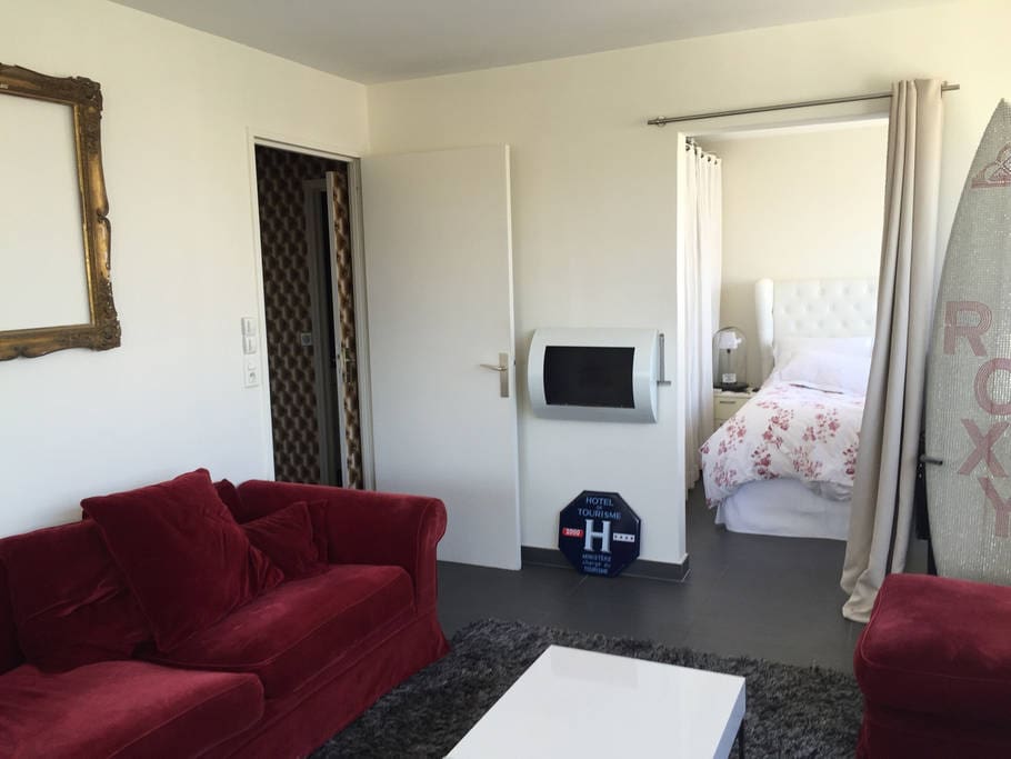 Le salon et le canapé ou je dors.
The lobby (with the sofa where I’m sleeping). And the bedroom (with the curtain).