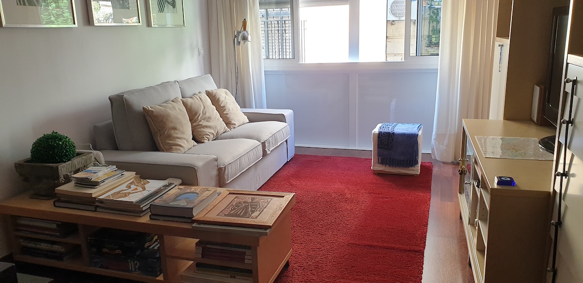 A comfortable living area is equipped with a light-colored sofa adorned with soft cushions. A plush red rug anchors the space, while a low wooden coffee table displays various books. Windows allow natural light to fill the room, complemented by simple sheer curtains.