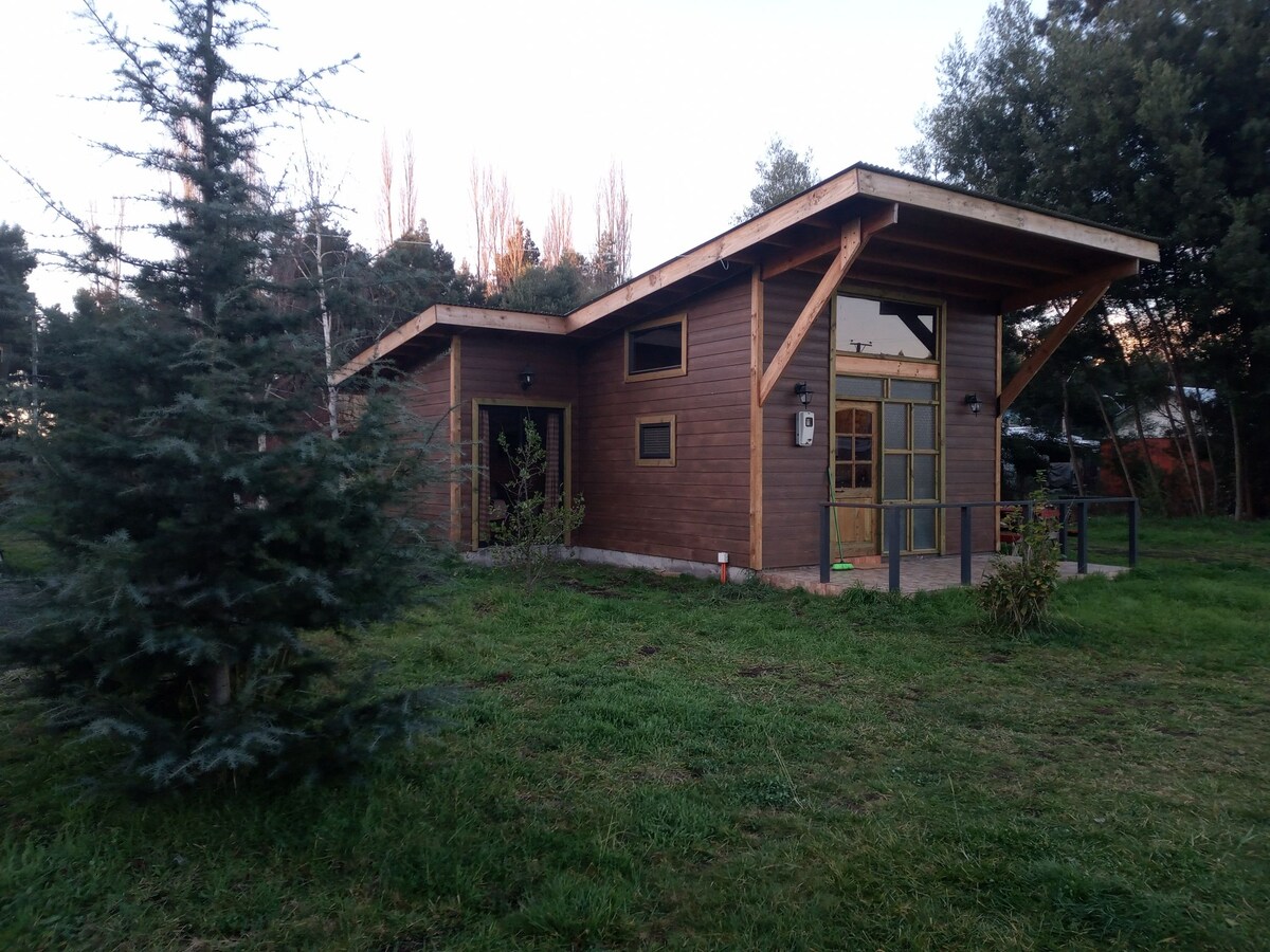 A modern wooden cabin is set within a green landscape, featuring large windows that provide natural light and views of the surroundings. The roof is angled, and a small porch is visible at the entrance, surrounded by shrubs and trees.