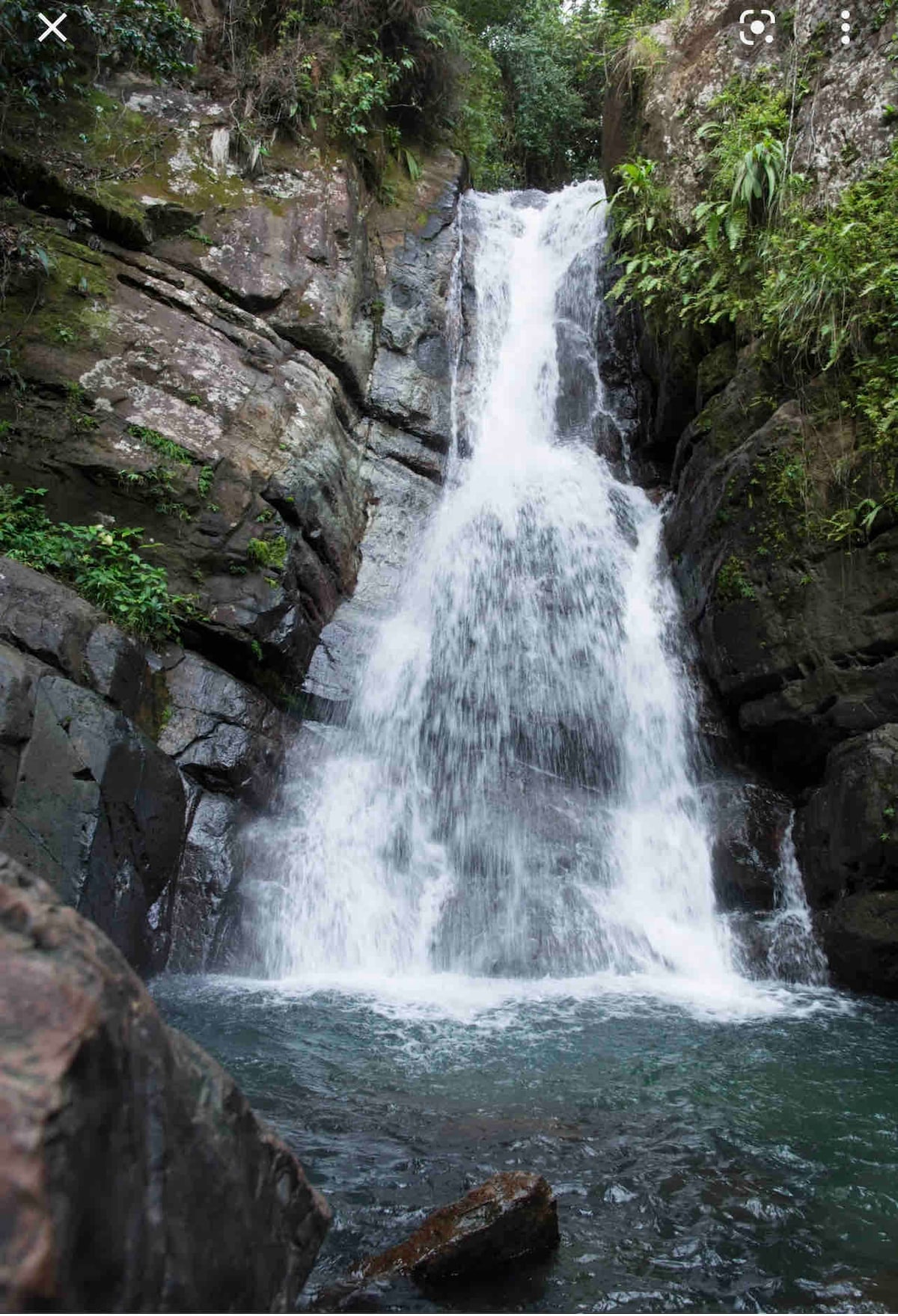 A waterfall cascades gracefully down rocky cliffs, surrounded by lush greenery. The water flows into a clear, tranquil pool at the base, reflecting the surrounding natural beauty. The scene is filled with the textures of moss-covered rocks and foliage.