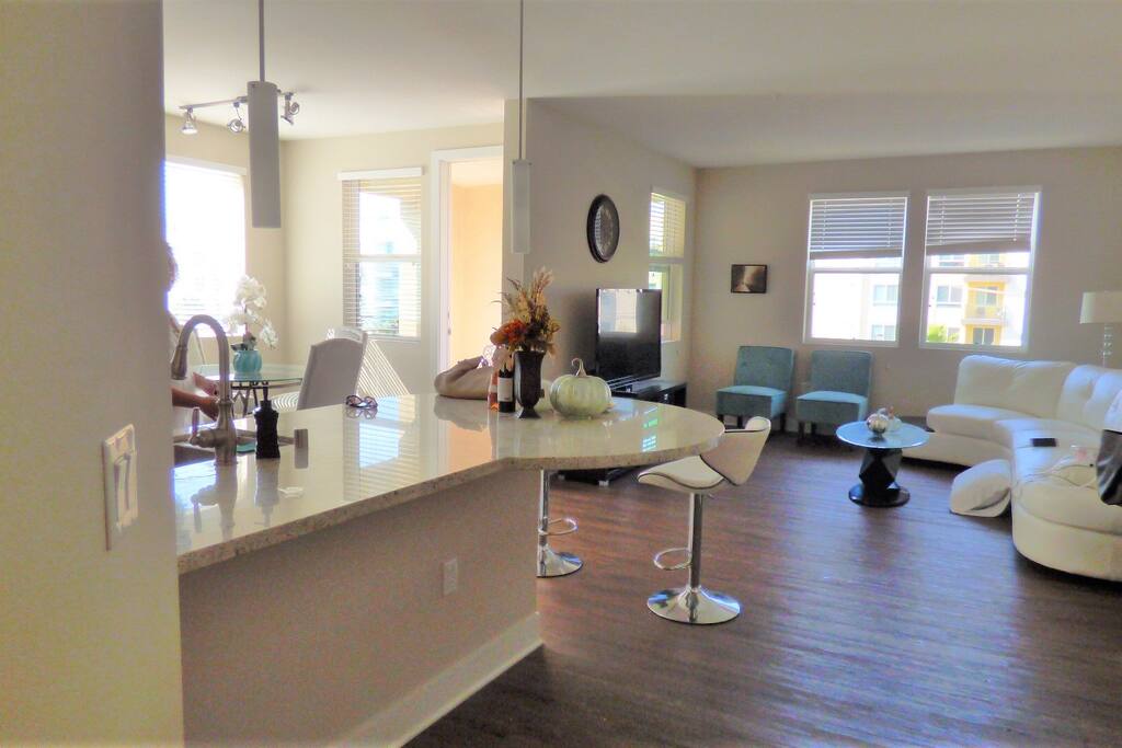 Open floor plan 1400 sqft. Countertop bar and dining area suits 8 guests.