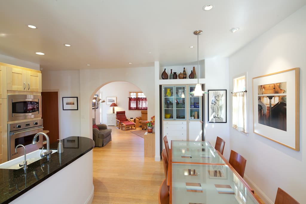 Kitchen and dining room looking through to the living room