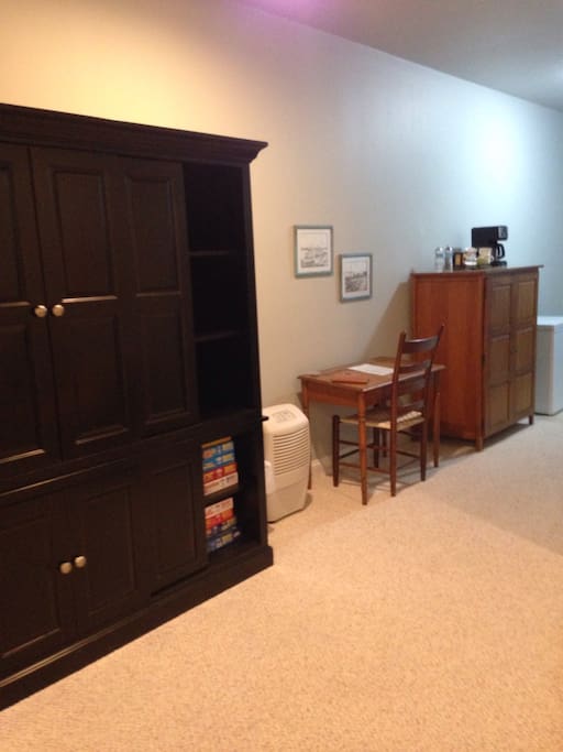 TV with satellite, work desk and a coffee/tea station. Mini fridge will hold plenty of snacks.