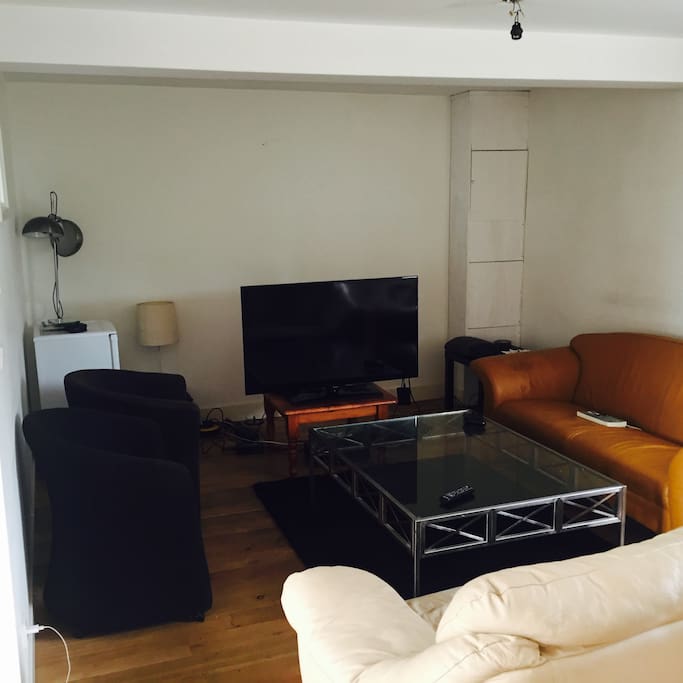 2 couches, 44" television with cable tv