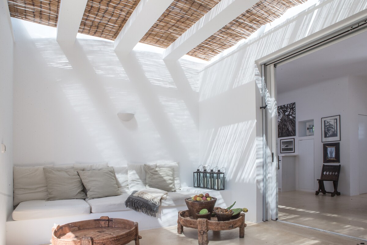 A bright indoor seating area is enhanced by natural light filtering through skylights. A neutral color palette is complemented by comfortable cushions on a spacious sofa. A wooden coffee table displays a selection of fresh fruits, contributing to the inviting atmosphere.