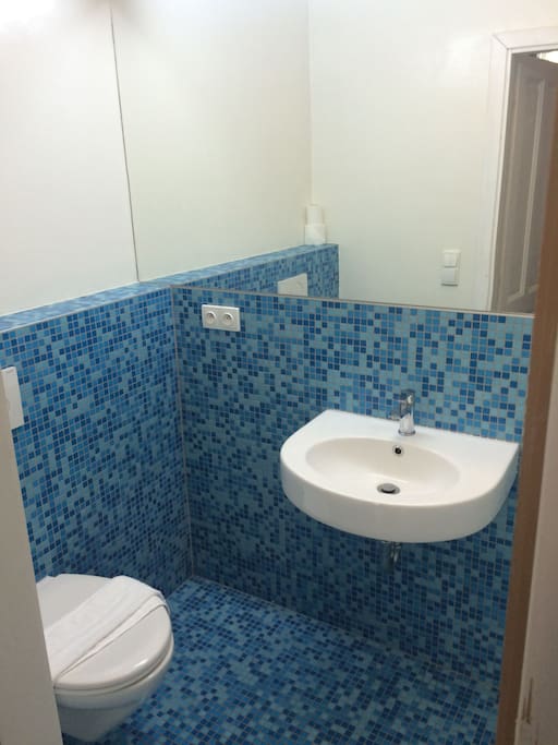 Blue bathroom with shower, lavatory and toilet