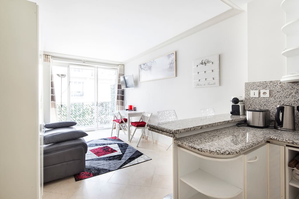 Living area with kitchen and balcony