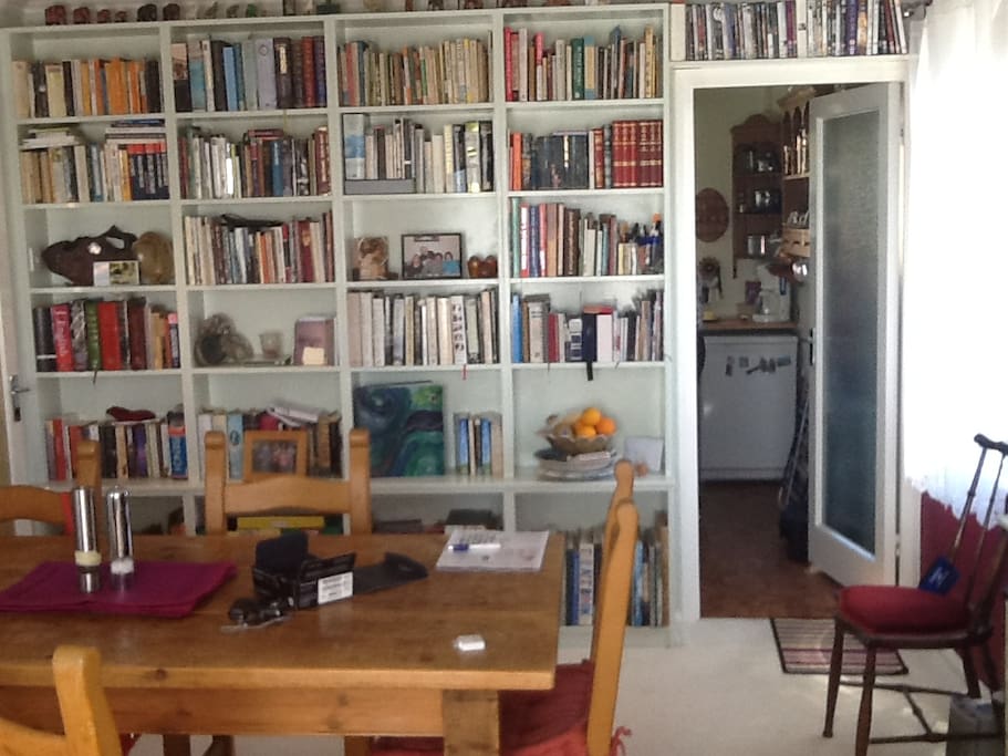 The kitchette is off the living dining room and here you see all the books that are available!
