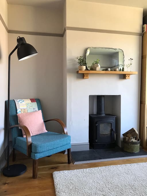 Cosy lounge with a wood burner