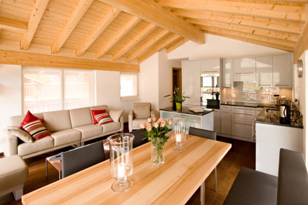 Spacious kitchen and dining area.