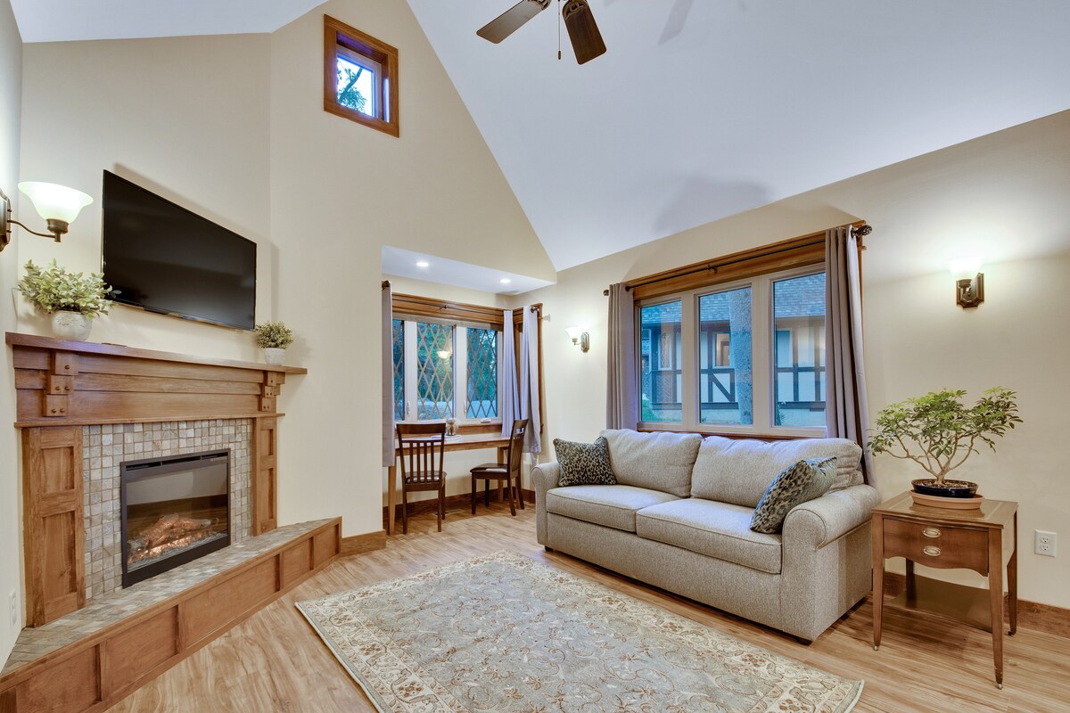 סלון עם פינת אוכל ואח. ספה נפתחת למיטת קווין סייז. 