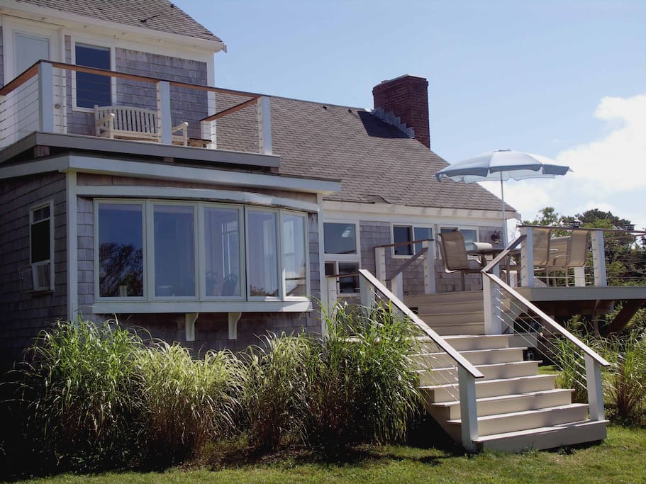 There are two decks at different levels overlooking the bay.