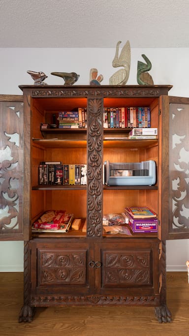 living room cabinet with movies, games etc.