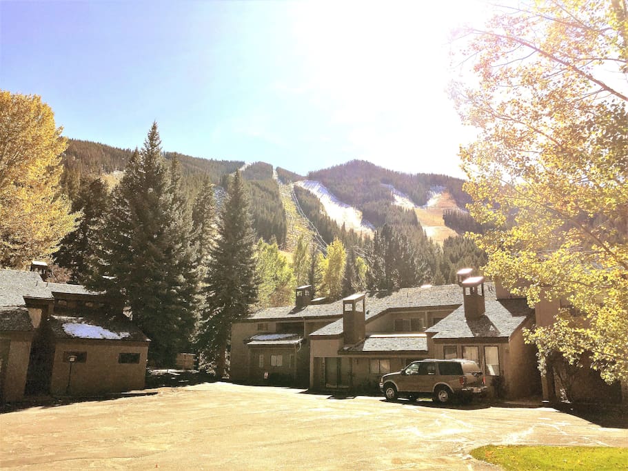 Fall View of Warm Springs ski runs from Hot pool 100 feet away from Unit F2 across Warm Springs Creek