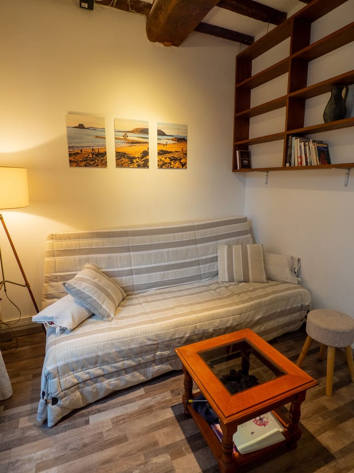 La zona de descanso con algunos libros disponibles para consultar en el lugar