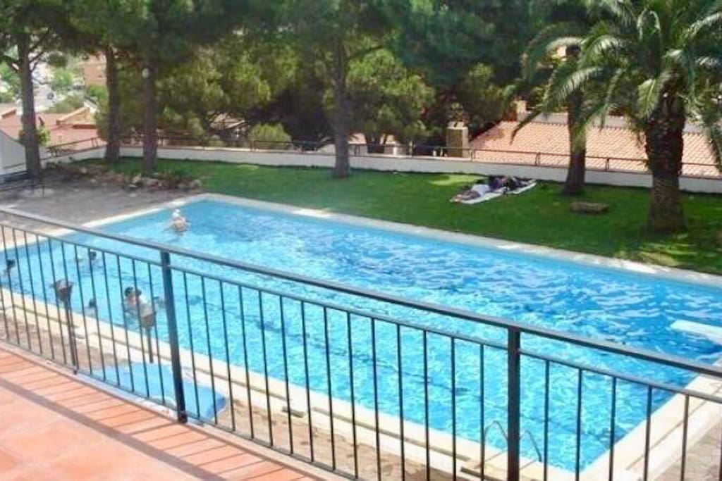 Piscina comunitaria con chiringuito y tumbonas